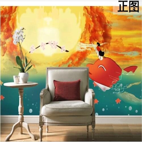Custom wallpaper mural childrens room red whale beautiful rainbow cherry blossom background wall interior decoration painting