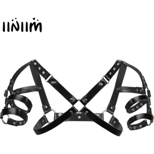 Iiniim Men Lingerie Faux Leather Adjustable Body Chest Harness Shoulder Bondage Costume Shapers for Mens Nightclub Party Clothes
