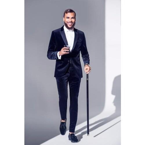 Handsome Groomsmen Velvet Groom Tuxedos Mens Wedding Dress Man Jacket Blazer Prom Dinner (Jacket+Pants+Tie) A01