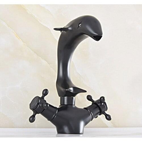 Black Oil Rubbed Brass Basin Sink Faucet Dual Handles Hot Cold Water Tap Deck Mounted Brass Bathroom Mixers Single Hole Tap