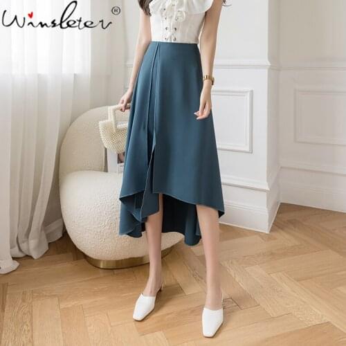 Summer 2021 Blue Skirt Women Girls Irregular High Waist Back Zipper Ruffles Mid-Calf Length Solid Midi Skirt Bottoms B15602A