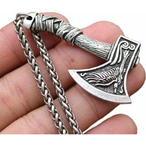 Mens Vintage Norse Viking Animal Raven Axe Wolf Pendant Necklace Chain