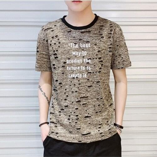 Mens Summer Pullover O-Neck Short Sleeve Letter Printing T-Shirts Fashion Casual Hole Loose Fit Plus Size 4XL Camisetas Hombre