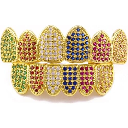 OMYFUN Teeth Grillz Set Fashion Men Jewelry Colorful CZ Paved Gold Color Dental Grills Tooth Grillz Hip Hop Bling Teeth Caps
