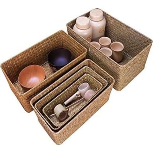 Natural Seagrass Storage Basket Fruit Bread Basket Handmade Rectangular Cosmetics Organizer Household Decorative Container