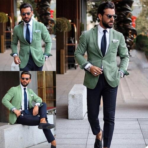 Summer Green Mens Pants Suits One Button Notched Lapel Groom Best Man Jacket Party Prom Wedding Blazer Tuxedos Custom One Piece