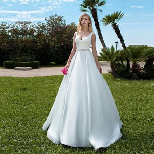Simple Sweetheart Wedding Dress 2021 New Floor Length Satin Sleeveless Wedding Dresses with Sashes Custom Made Bridal Gowns