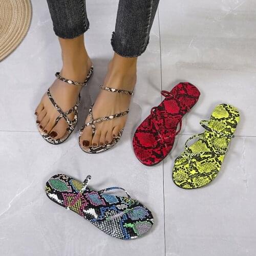 Summer Ladies Sandals Fashion Snake Print Ankle Thin Strap Lace Up Women Slippers Flat Bandage Beach Sandals Shoes Large Size