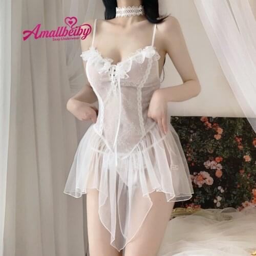 Sexy Lingerie Hot Erotic Nighties Bride Cosplay Uniform Deep V Lace Bandage Wedding Dress Transparent Underwear Tulle Sweet