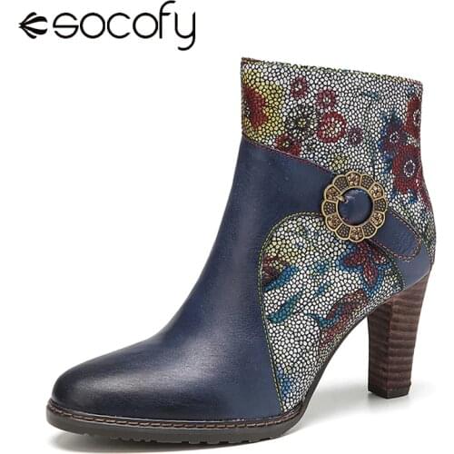 SOCOFY Elegant Womens Shoes Flowers Printed Splicing Cowhide Leather Buckle Decor High Heel Short Boots Winter Ankle Boots 2020
