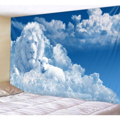 Sky Cloud Art Lion Tapestry Starry Wolf Moon Thin Beach Towel Polyester Yoga Blanket Bohemian Psychedelic Home Wall Decoration