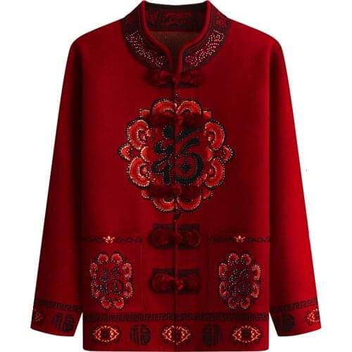 Elderly Women Knit Cardigan Coats Large Size Winter Warm Grandmother Loose Tang Suit Cardigans Women Sweater Casual Tops W2385