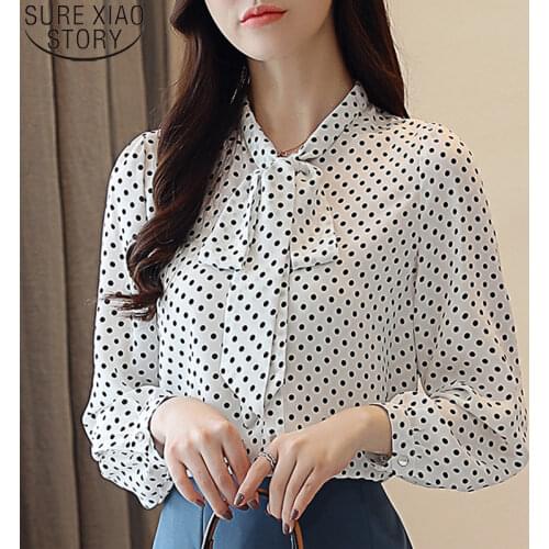 Polka Dot Casual Blouse 2021 Autumn New Korean Chiffon Shirts Women Cardigan Tops Fashion Bow Tie Loose Long Sleeve Blusas 10642