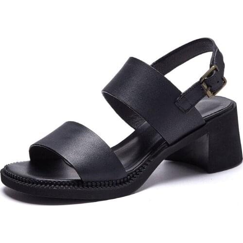 2021 New Handmade Fashion Women Sandals Summer Open Toe High Heel Sandals Genuine Leather Metal Buckle Thick Heel Casual Sandals
