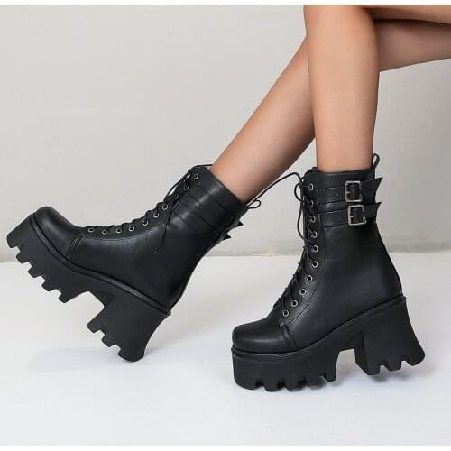 2021 Fashion Platform Women Boots Pu Chunky High Heel Ankle Boots Squar Toe Zipper Buckle Motorcycle Boots Autumn Winter Shoes