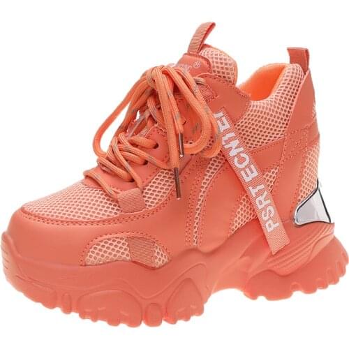 Womens Mesh Sneakers Wedge Hidden High 10CM Heel Shoes Sport Lace Up Casual Candy Colors Breathable New 2021