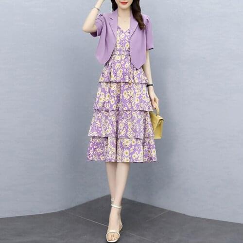 Summer 2021 Two Piece Dress Sets Women Short Sleeve Short Blazer Tops+Camisous Floral Dress Suits Causal Outfits