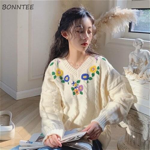 Sweaters Women Loose Sweet Style Fashion New Arrival Warm Long Sleeve Pullovers Lazy Autumn Ins Oversize Embroidery Beige Kawaii
