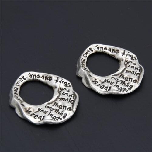 5pcs Silver Color Words Charms Pendant Letter Hollow Round Shape Jewelry For Necklace Earrings 33x31mm A2925