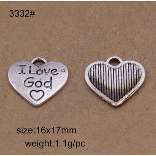 50PCS 16x17mm Antique Silver I Love God In Heart Charm Pendants For Jewelry Making