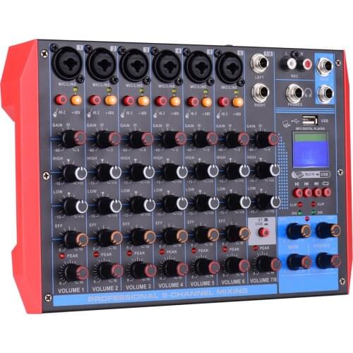 Ammoon AG-8 8-Channel Mixing Console Digital Audio Mixer +48V Phantom Power Supports BT/USB/MP3 Connection for Recording