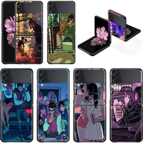 Anime Neon Color Art Girl Shockproof Hard Cover For Samsung Galaxy Z Flip 3 5G Black New Mobile Fundas Phone Case