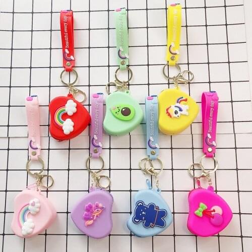 Cartoon PVC Coin Purse Keychain Heart Rainbow Unicorn Coin Purse Key Ring Women Girl Bag Pendant Keyfob Ornaments Gifts
