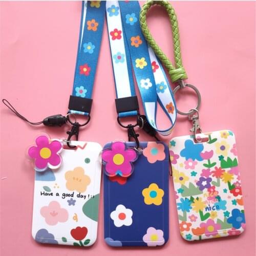 Fashion Trendy Flowers Credit Card Holder Cute Korean Lanyard ID Badge Holder Bag Women Travel Bank Bus Business Card Cover