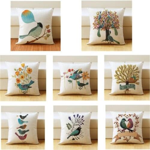 Nordic Bird Pillow Cover Cotton Linen Pillowcase Cushion Cover Sofa Pillow Case Printing Process Flower Tree 45*45cm