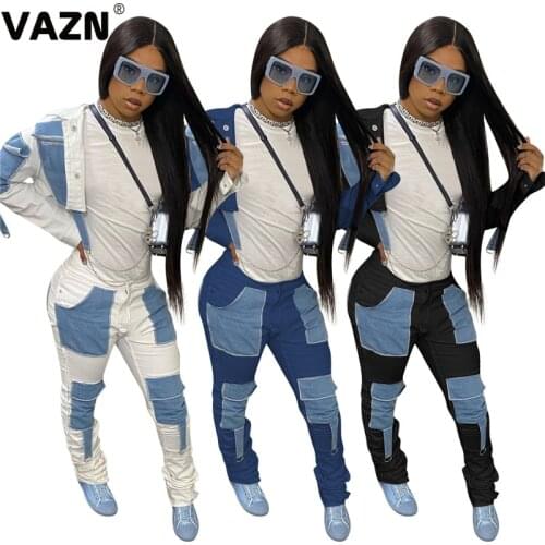 VAZN 2021 Hot Jean Blue Patchwork Baggy Fashion Elegant Sexy High Street Set Holiday Women Young Energetic Set