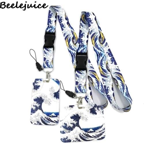 Art Painting Kanagawa Hokusai Waves Lanyard Credit Card ID Holder Student Women Travel Card Cover Badge Car Keychain Decorations