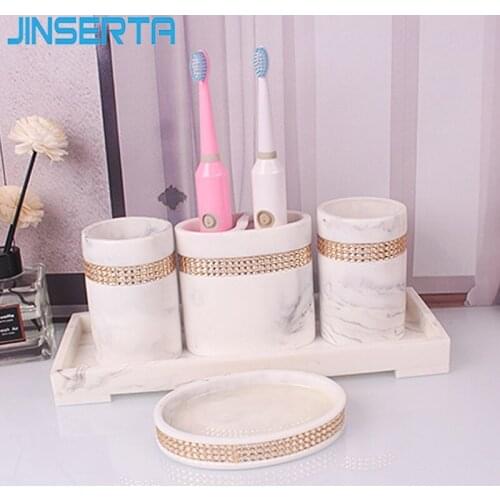 JINSERTA Marbled Resin Bathroom Set Soap Dispenser Luxury Home Hotel Bathroom Toothbrush Holder Soap Tray Mouthwash Cup