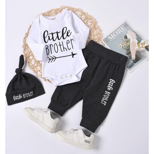 0-18M Newborn Long Sleeve Romper + Trousers + Hat, Litter Brother Letter Print Elastic Waist Spring Clothing