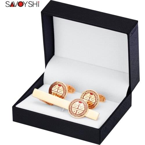 SAVOYSHI Chinese Double Love Mens Tie Clip Cufflinks Set High Quality Necktie Pin Tie Bars Clasp Wedding Engagement Jewelry