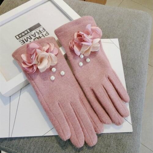 New women autumn winter Pink powder lotus touch screen five fingers thick wool knit gloves cute warm mittens