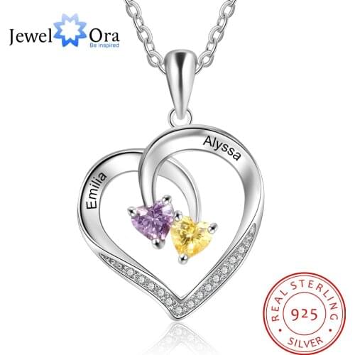925 Sterling Silver Personalized Heart Necklace with 2 Birthstones Engraved Name Couple Necklace Silver Jewelry Gifts for Wife