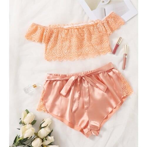 Womens Pajamas Lace satin With Shorts Lacy Trim Strap Top Nightie Home Clothes Women Sexy Lingerie Sleepwear Summer Dressing