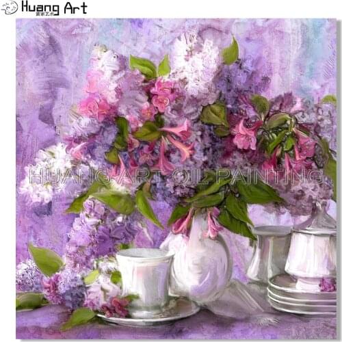 Professional Artist Handmade High Quality Purple Flower Oil Painting on Canvas Sweet Still Life Painting for Bedroom Decor