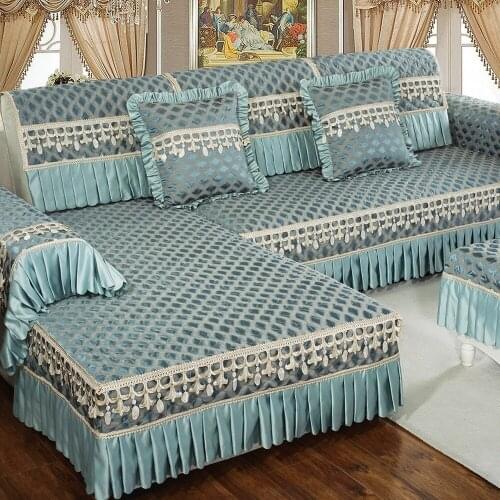 Lake Blue European Lace Sofa Cover Luxury Cotton Linen Sofa Towel Slipcover Non-slip Cushion Pillowcase Sofa Set For Living Room