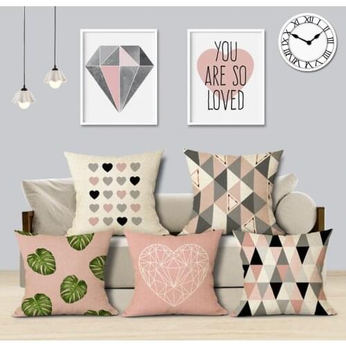 Pink Geometric Nordic Cushion Cover Tropic Palm Leaf Throw Pillow Cover Linen Cushion Case Sofa Bed Decorative Heart Pillowcase