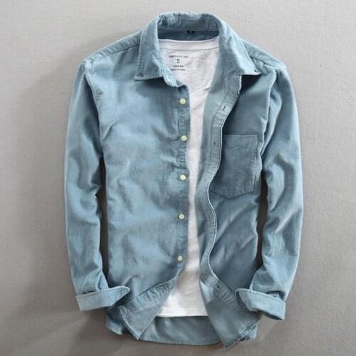 Men Autumn And Spring Fashion Style Japan Vintage Slim Fit Corduroy Cotton Shirt Male Casual Blue Red Solid Color Shirt Cloth