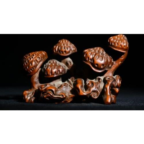 5" China Lucky Old Boxwood Hand-carved Ganoderma pen holder Office Ornaments Town House Exorcism Ward off evil spirits