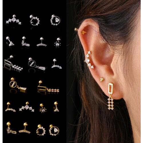 1Pc Gold Silver Color CZ Cartilage Earring For Women Girls Geometric Dangle Conch Tragus Helix Earrings Piercing Jewelry