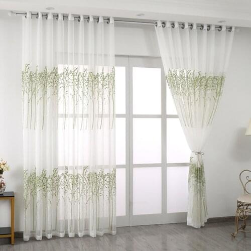 Green Embroidery Trees Tulle Curtains for Living Room Small Leaf Yarn for Balcony Kitchen #VT