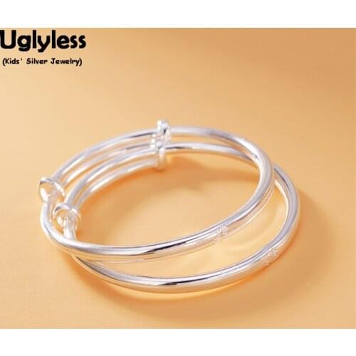 Uglyless 1pair Glossy Push-pull Childrens Silver Bangles Adjustable China Chic Knot Bangle 99.9% Full Silver Babies Fine Jewelry