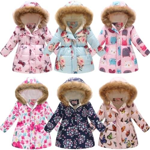 Thicken Winter Girls Jackets Fashion Printed Hooded Outerwear For kids Internal Plus Velvet Warm Girls Coats Christmas Present