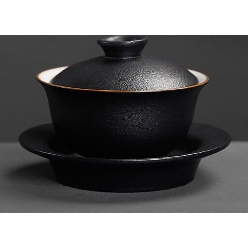 Vintage Black Coarse Pottery Gaiwan Hand-painted Porcelain Tea Set Bow Retro Ceramic Tea Tureen Chinaware