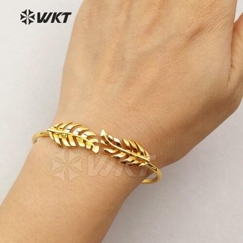 WT-B369 Wholesale Custom New Design Gold Electroplated IPG Yellow Brass Bangle Leaves Bangle Adjustable Size Fashion Jewelry