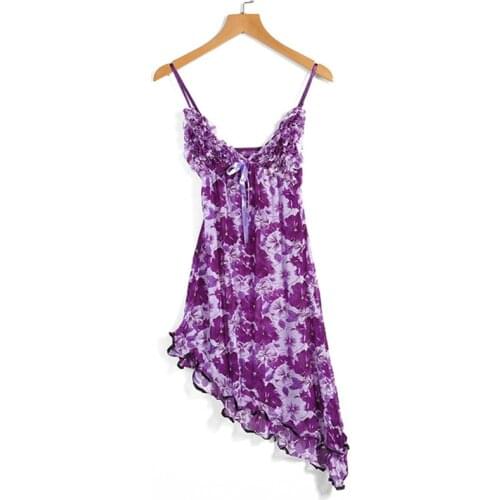 Irregular Hem Suspender dress Women NightGown 6Colors Floral Print Lace Up Sexy Mini Nightdress Summer Thin SleepWear Home Style