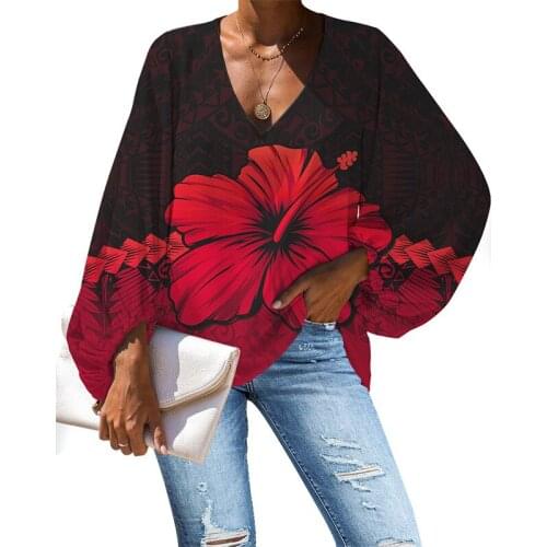 HYCOOL Fall Casual Polynesian Hibiscus Print Red Lantern Sleeve Chiffon Blouses Shirt Plus Size Loose Sexy V Neck Womans Clothes